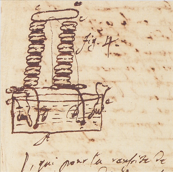 Minuta della lettera di Volta a Joseph Banks. Schizzo di Pila a Colonna, 20 marzo 1800, Cart. Volt. J68, Istituto Lombardo) 
